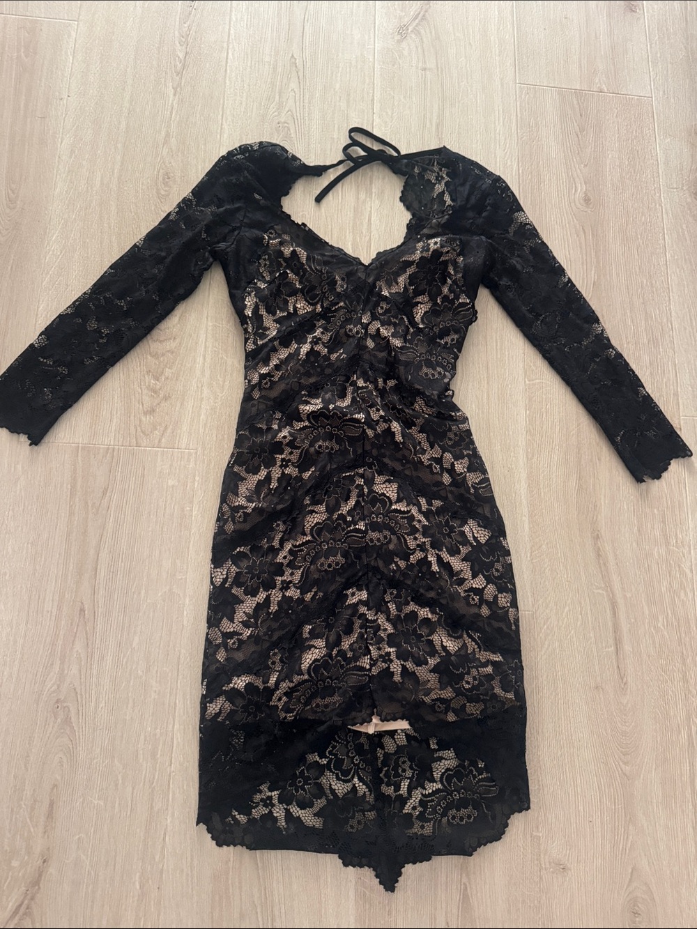 bebe Black Lace Long Sleeve Cocktail Dress with Nude Underlay